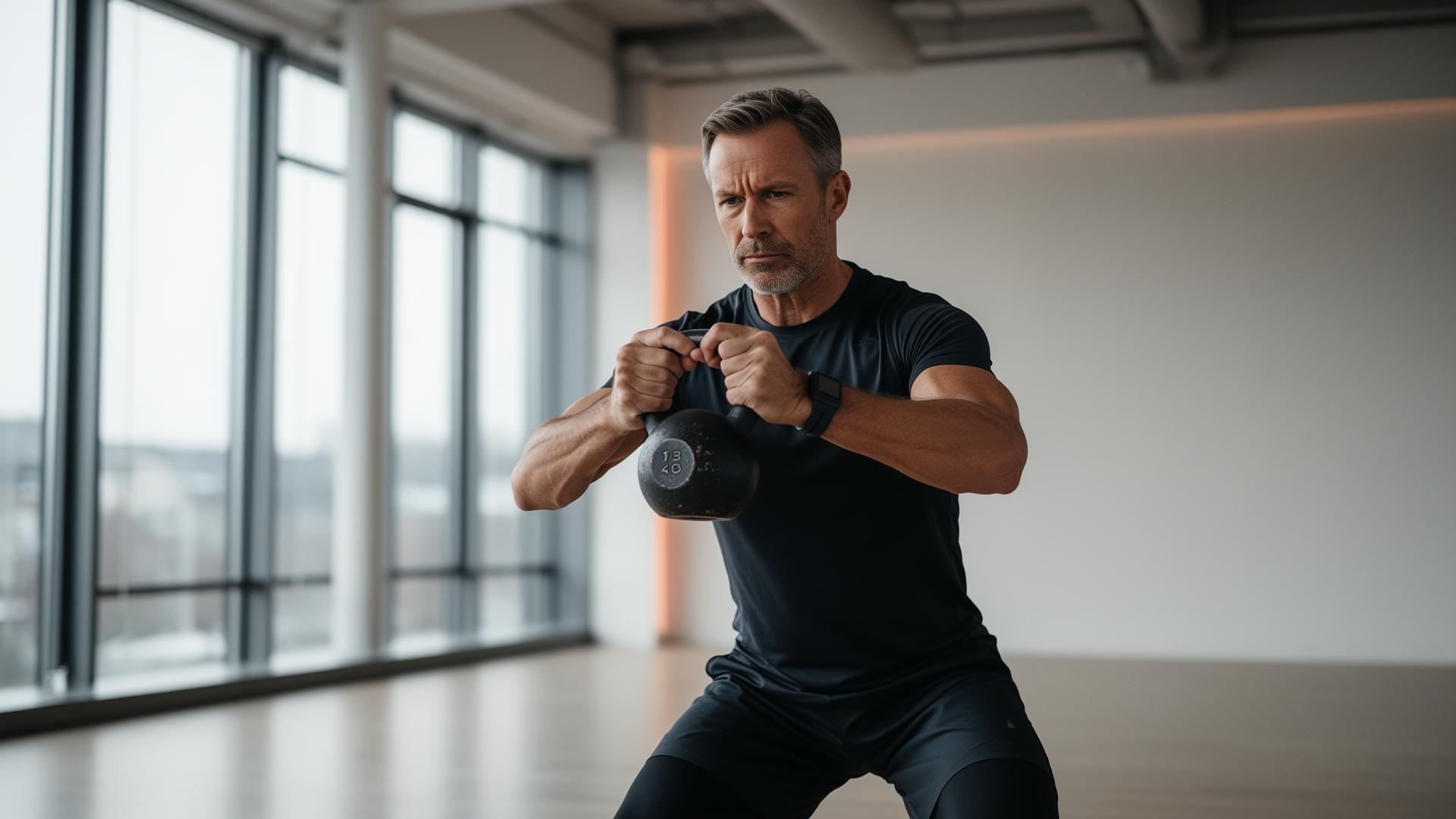 Focused man training with a kettlebell in a daylight studio
