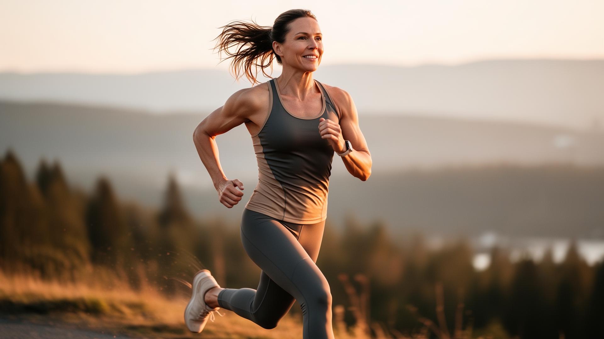 Athletic woman running outdoors at sunrise