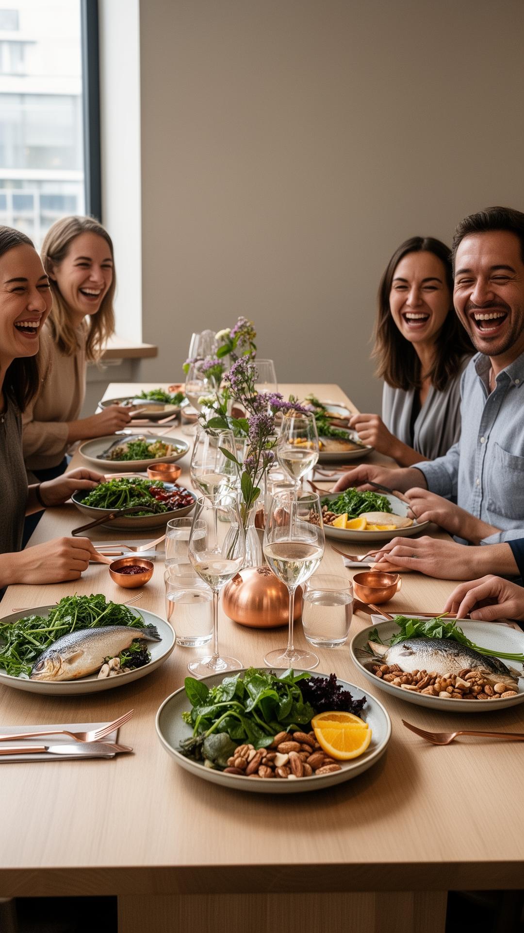 Friends sharing a longevity-focused meal